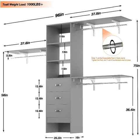 Armocity 96 Inches Closet System, 8FT Walk in Closet Organizer with 3 Shelving Towers, Heavy Duty Clothes Rack with 3 Drawers, B