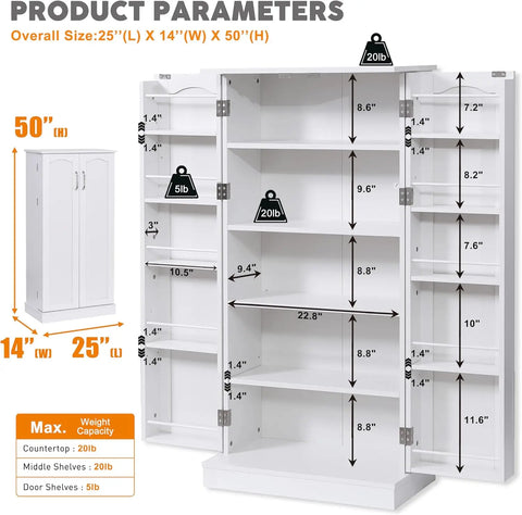 50" LED Kitchen Pantry Storage Cabinets - Standing Food Cabinets Cupboards with 2 Doors with Racks and Shelves Adjustable