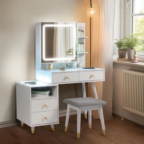 Vanity Table Set with Lighted Mirror Cabinet & Charging Station 3-Color Lighting Makeup Desk with 4 Drawers, Cushioned Stool