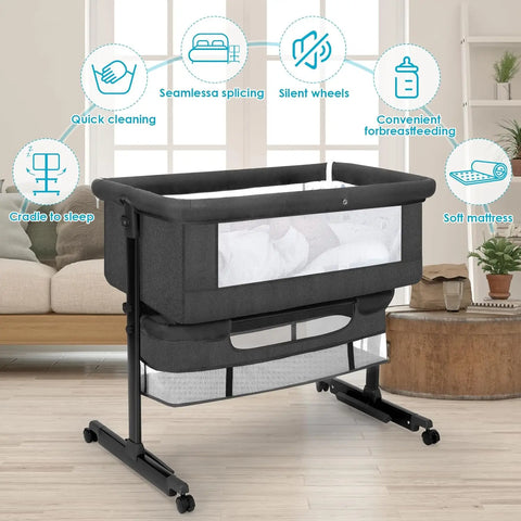 Baby Basinet Bedside Sleeper, Easy to Fold Portable Crib Side Bassinet 2024new Style Girl/boy bassinets (Dark Gray)