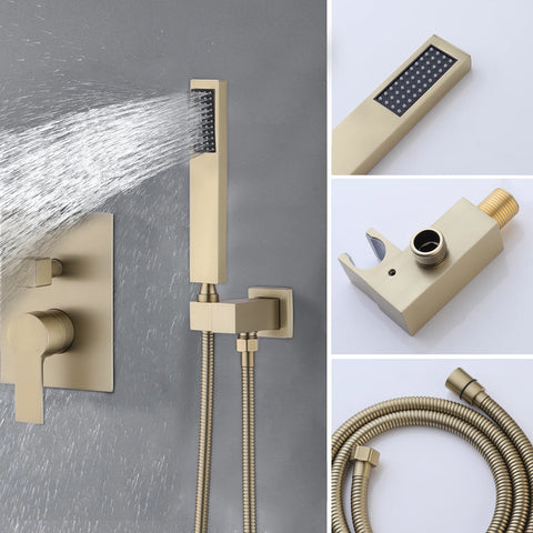 12 inch Gold Concealed Shower Rain Mixer Shower Combo Set Wall Mounted Rainfall Shower Head and Handheld System Shower Faucet