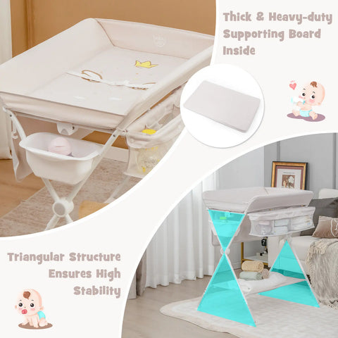 Babyjoy Foldable Baby Diaper Changing Table Mobile Nursery Organizer for Newborn Beige