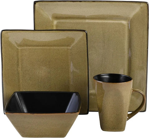 Square Reactive Glaze Stoneware Dinnerware Set, Service for 4 (16pcs),  Set Vaisselle Complet， Dishes and Plates Sets