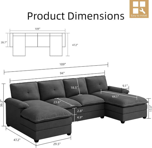 Sectional Couches for Living Room U-Shaped Couch 4 Seat Sofa Set with Double Chaises Modern Fabric Modular Sectional Sofa