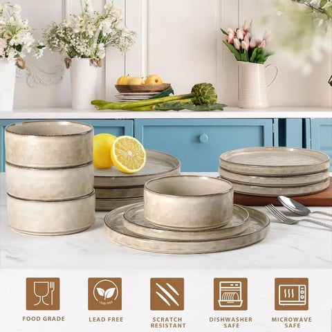 Dinnerware Dish Sets for 4, 12 Piece Stoneware Plates and Bowls Sets, Kitchen Dinner Set for Dessert Salad Pasta