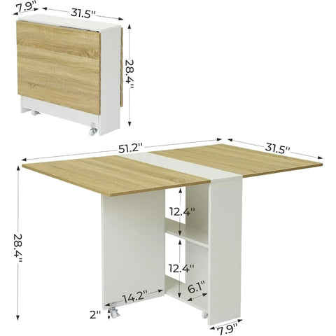 Folding Dining Table, Versatile Dinner Table with 6 Wheels and 2 Storage Racks, Space Saving  Table, Folding Kitchen Table