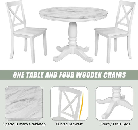 5-Piece Round Dining Table and Chair Set, Round Dining Table with Shelf, Wood Table Set for Family Dining Area