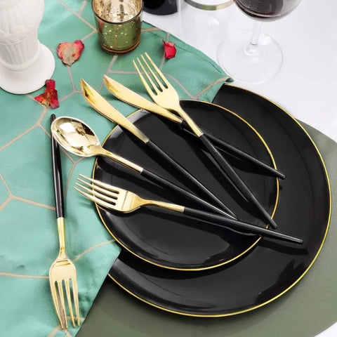 150pcs Black and Gold Dinnerware Set - Plastic Plates and Silverware for Birthdays, Parties, Weddings