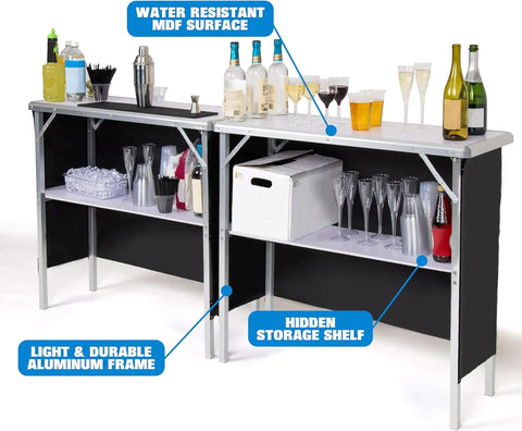 GoBar Portable Double Bar Table Set Mobile Bartender Station for Events Includes Carrying Case Standard or LED