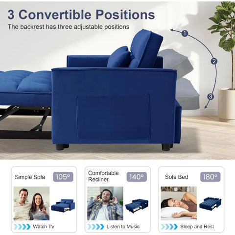 3-in-1 2-Seater Loveseat Pull Out Couch Reclining Backrest,Toss Pillows Pockets-Perfect for Small Spaces Velvet Sleeper Sofa Bed