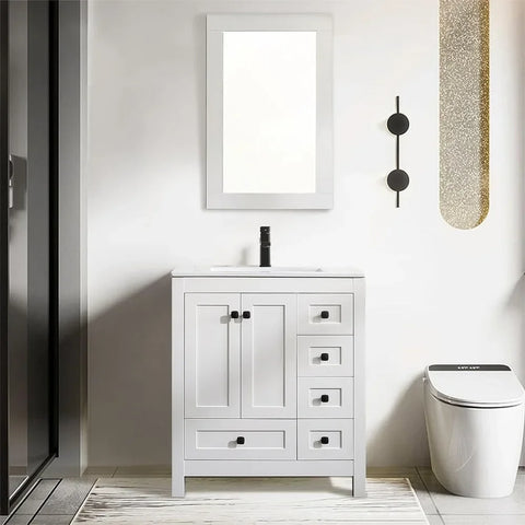 30" Bathroom Vanities Cabinet with Sink Combo Set, Undermount Ceramic Sink w/Thickened Wood, Matte Black Faucet