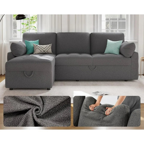 Pull Out Sofa Bed, Modern Tufted Convertible Sleeper Sofa, L Shaped Sofa Couch with Storage Chaise, Chenille Sectional Couch Bed