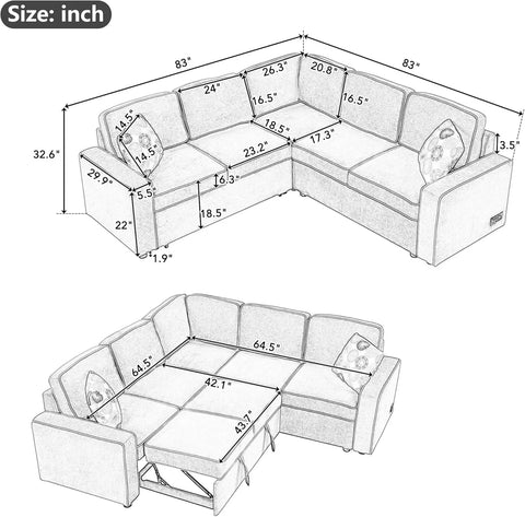 Convertible Sectional Sofa, Pull-Out Sleeper Sofa Bed with 3 Pillows and 2 USB Ports, L Shaped Couch with 2 Power Sockets