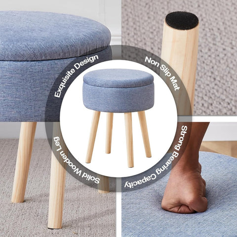 Storage Ottoman Foot Stool Linen Round Vanity Stool Tray Top Footstool with Wood Legs Multifunctional Upholstered Foot Rest