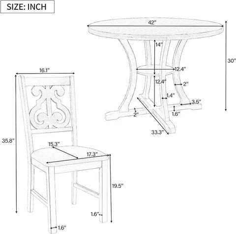 5-Piece Round Dining Table and Chair Set, Round Dining Table with Shelf, Wood Table Set for Family Dining Area