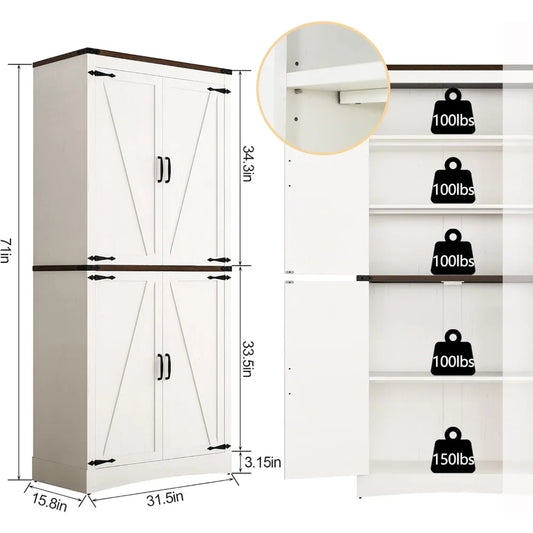 71" Tall Kitchen Pantry,Farmhouse Storage Cabinet with Adjustable Shelves,Load-Bearing Steel Pipe,Farmhouse Pantry Cabinet