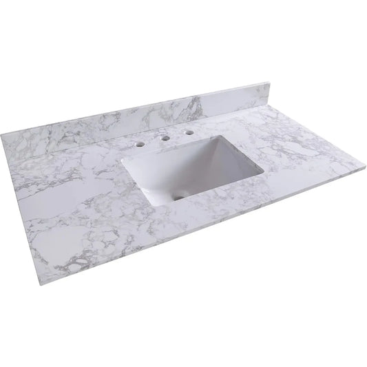 43"x 22" Bathroom Vanity Top ,White Marble Color With Rectangle Undermount Ceramic Sink And 3 Faucet Hole With Back Splash