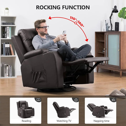 Leather Recliner Chair Modern Rocker with Heated Massage Ergonomic Lounge 360 Degree Swivel Single Sofa Seat