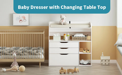 Baby Changing Table Dresser with 3 Drawers and 3 Storage Shelves, Can be Used as a Baby Dresser with Changing Table Top