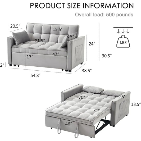 Sofa Bed, Modern Velvet 3-in-1 Convertible Futon Sofas Bed with Adjustable Backrest and Storage, Includes Pillows, Sofa Sleeper