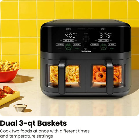 6 Quart Dual Basket Air Fryer Oven with Easy View Windows, Sync Finish, Hi-Fry, Auto Shutoff, 2 Independent