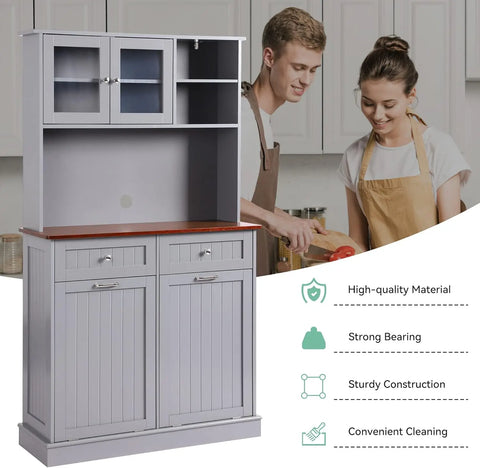 Kitchen Pantry Storage Cabinet, Microwave Cabinet with Tilt Out Trash Cabinet, Freestanding Kitchen Hutch,Tall Pantry Cabinet