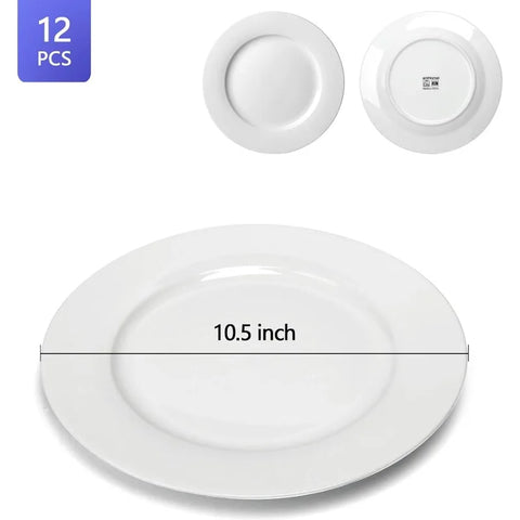 12-Piece White Porcelain Dinner Plates, Round Dessert or Salad Plate, Serving Dishes, Dinnerware Sets, Scratch Resistant