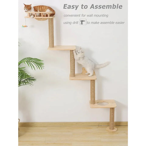 Cat Tree Wall Mounted with 4 Levels Cats Shelves, 73" Wood Cats Climbing Tower Indoor Cat Wall Shelve