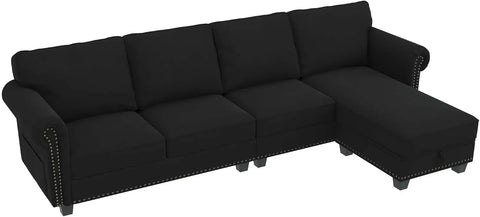 Velvet Sectional Sofa L Shaped Sectional Couch Convertible Sofa Couch with Reversible Chaise 4 Seater Sofa for Small Space Black