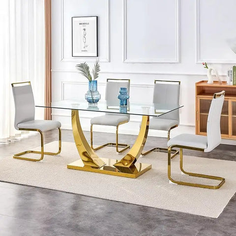 63” Glass Dining Table Set for 4,Modern Dining Room Table Set for 4,Kitchen Table and PU Leather Chairs for 4, Glass Top