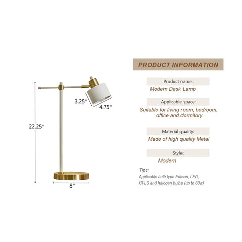 OYEARS Modern Industrial Desk Lamp for Reading LED 22.2“ Metal Table Lamp Light for Office Bedroom Study Room Living Room