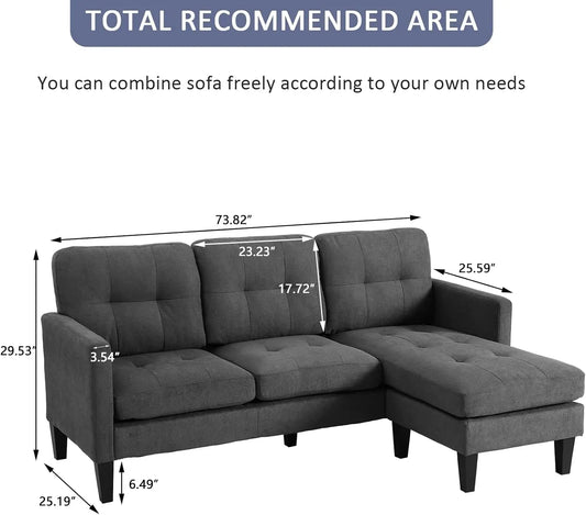 Convertible Sectional Sofa Couch, 3 Seat L-Shaped Sofa Couch with Modern Linen Fabric for Small Space Living Room