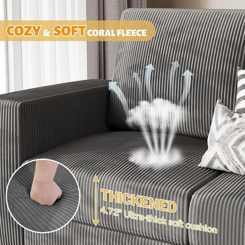 Sectional Sofa , 3 seat L-shaped Sofa with Coral Velvet Fabric, Movable Ottoman Small Couch for small Apartments, Grey Couch