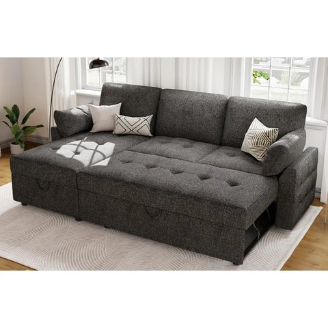 Pull Out Sofa Bed, Modern Tufted Convertible Sleeper Sofa, L Shaped Sofa Couch with Storage Chaise, Chenille Sectional Couch Bed