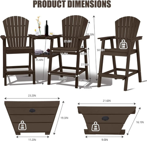 Tall Adirondack Chairs Set of 2，Recycled Poly Balcony Chair with Double Connecting Tray Patio Stools Weather Resistant