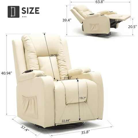 Recliner Chair, PU Rocking Chair for Adults, Swivel Recliner with Cup Holders, Heat and Massage, Single Sofa Seat