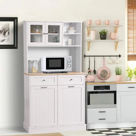 Kitchen Pantry Storage Cabinet, Microwave Cabinet with Tilt Out Trash Cabinet, Freestanding Kitchen Hutch,Tall Pantry Cabinet