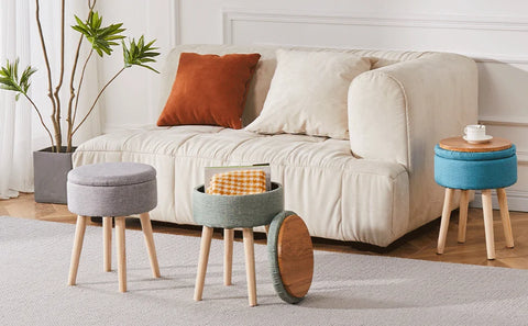 Ottoman storage linen circular dressing table stool, modern multi-functional cushioned footstool with wooden legs