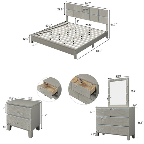 5 Pieces Champagne Silver Bedroom Sets 1 King Bed + 2 Nightstand + 1 Dresser + 1 Mirror