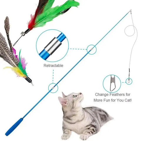 Cat Feather Teaser Wand Toys Fish Teaser Cat Toy Caterpillar & Feather Heads Cat Catcher Teaser Stick Fishing Pole Toy For