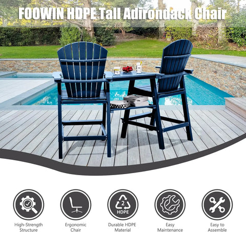 Tall Adirondack Chairs Set of 2，Recycled Poly Balcony Chair with Double Connecting Tray Patio Stools Weather Resistant