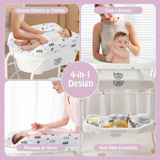 BABY JOY Baby Bathtub with Changing Table, Foldable Infant Diaper Changing Station with Storage Tray, Waterproof Pad, Portable