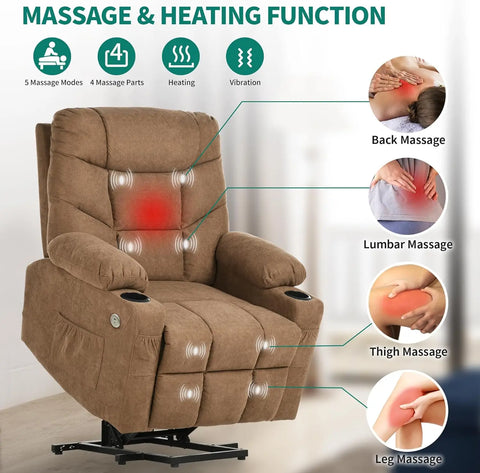 Electric Power Lift Recliner Chair for Elderly, Fabric Recliner Chair with Massage and Heat, Spacious Seat, USB Ports,