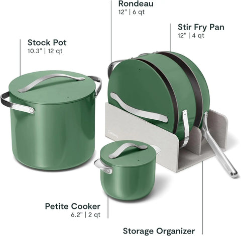 Caraway Cookware+ Collection - Specialty Cookware Set - Petite Cooker, Stir Fry Pan, Rondeau, & Stock Pot - 3 Lids & Storage