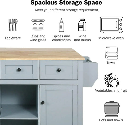 Kitchen Cart with Rubber Wood Drop-Leaf Countertop,Kitchen Island with Storage Cabinet and 3 Drawers,Internal Storage Cabinet