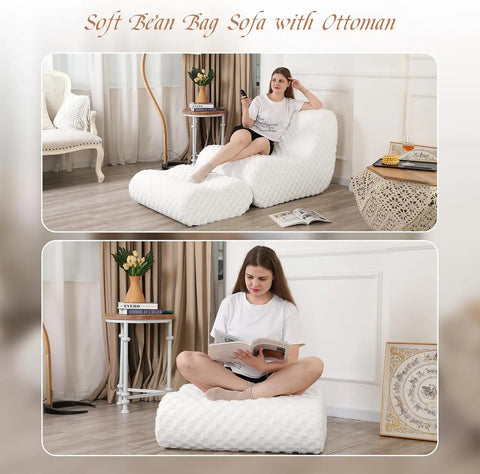 Bean Bag Chair with Footstool, Modern Lazy Sofa Chair with Comfy Jacquard Shaggy Plush