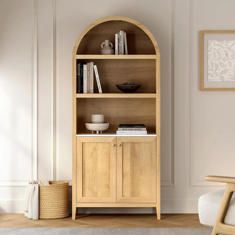 Arched Kitchen Pantry, 71" Tall Modern Farmhouse Wood Storage Cabinets with Faux Marble Top and Adjustable Shelves Cupboard