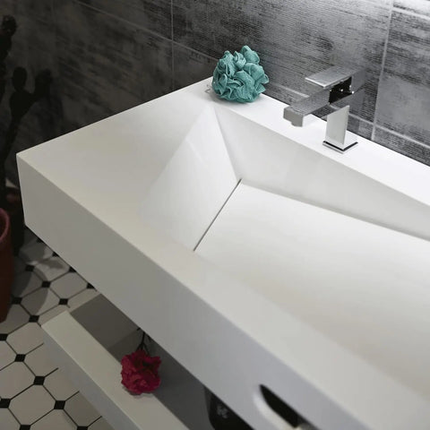 Wall Mount Bathroom Vanity with Sink Stone Resin Floating Vanity Sink Rectangular Vessel Sinks for Bathroom White