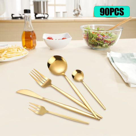 90Pcs Gold Flatware Set Stainless Steel Silverware Utensil Kitchen Tableware Forks Knives Spoons Cutlery for Home Restaurant