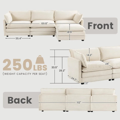 Oversized Modular Sectional Sofa with Movable Ottoman,112 Inch 4 Seat Modern Corduroy Sofa Set, Convertible L Shaped Couch,Beige